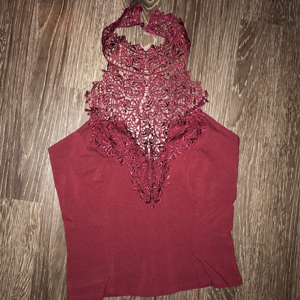 Burgundy. Front Laced. Buttons Neck. Halter Top.
